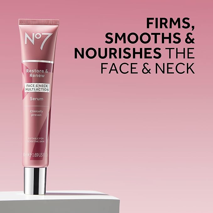 No7 Restore &amp Renew Face &amp Neck Multi Action Skincare System - SPF 30 Day Cream with Vitamin C &amp Collagen Peptides + anti-Aging Facial Serum + Hyaluronic Acid Hydrating Night Cream (3 Piec