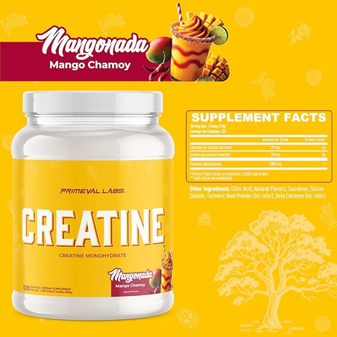 Primeval Labs Clean Creatine Monohydrate Powder | Flavored Powder for Muscle Strength &amp Recovery | Latin Aqua Fresca Flavors | Workout Supplement for Men &amp Women | 120 Servings | Mangonada