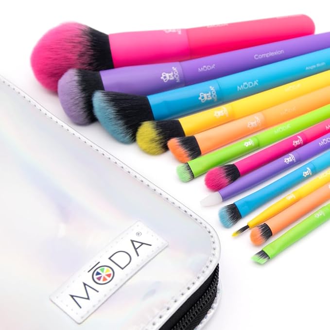 Moda Totally Electric 13pc Full Face Makeup Brush Set ? Bold Colorful Vegan Brushes for Face &amp Eye Makeup Blending Contouring and More