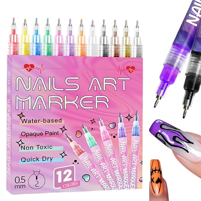 12 Colors Nail Art Pens Set for Painting Nails 0.5 MM Nail Art Markers Fine Tip Polish Pens for 3D Nail Art Nail Design Tools Gel Nails Doodle Pens for Drawing Point Liner (A- 1 Set)