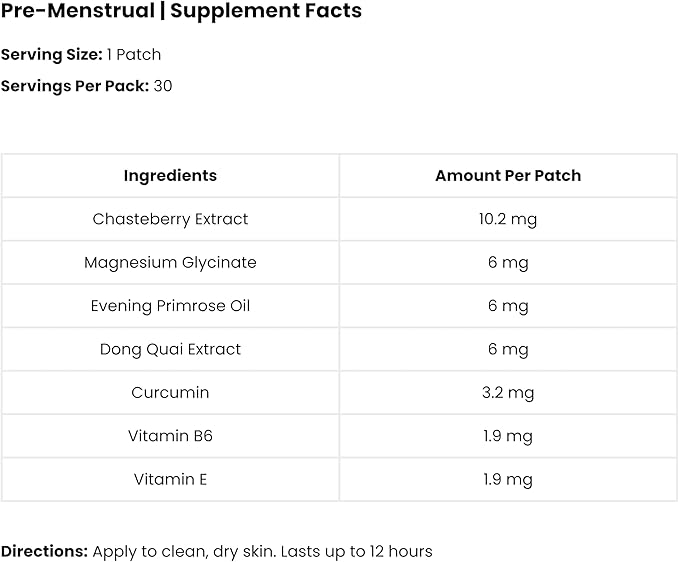 The Patch Remedy Pre Menstrual Patch | Chasteberry Magnesium Evening Primrose Dong Quai B6 &amp Vitamin E | 30 Patches
