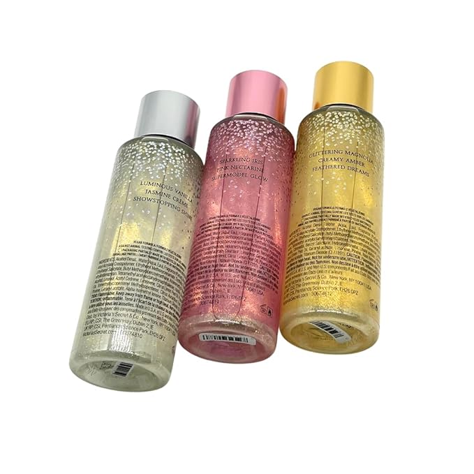 Victoria's Secret FASHION SHOW 2025 Radiant Wings Runway Pose &amp Iconic Glam Shimmer Fragrance Mist Collection 3pc Limited Edition Gift Set with 30-Inch Metallic Gold &amp Silver Striped Ribbon B