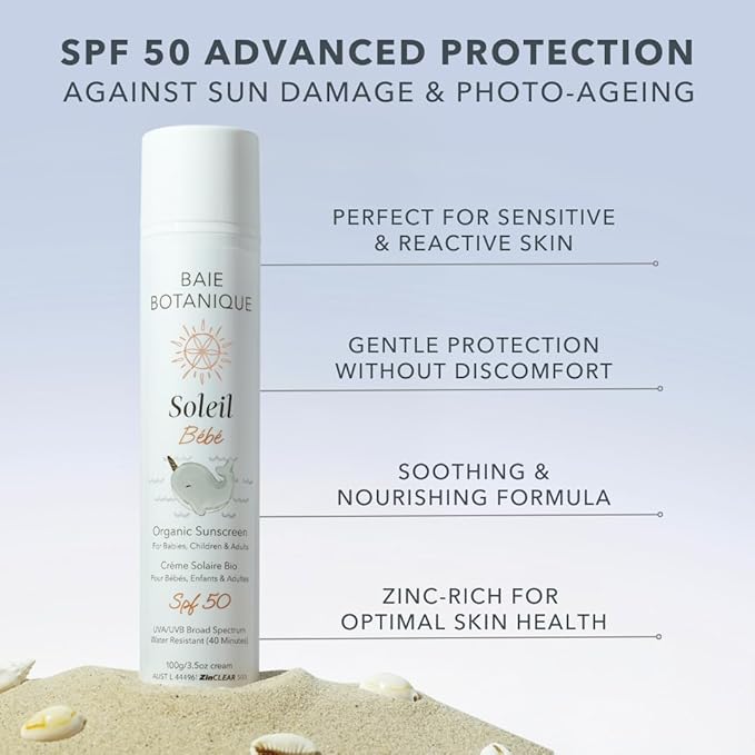Baie Botanique Soleil B?b? - Organic Non-Toxic Mineral Baby Sunscreen SPF 50 - Sunflower &amp Jojoba - Unscented - Natural - Vegan - No White Cast - Reef Safe - UVA/UVB - 100g