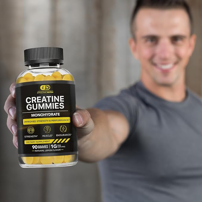 Effective Nutra Creatine Monohydrate Gummies - 1g Creatine per Gummy - Vegan Muscle &amp Strength Supplement for Men &amp Women - Supports Muscle Growth Energy Endurance - Lemon Flavor Made in US