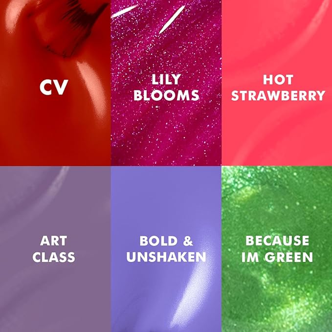 Olive &amp June Bolds Long Lasting Nail Polish Set | Includes 6 Shades (Bold &amp Unshaken Art Class Because I'm Green Lily Blooms CV Hot Strawberry) + Top Coat | Vegan Cruelty-Free | Salon-Qu