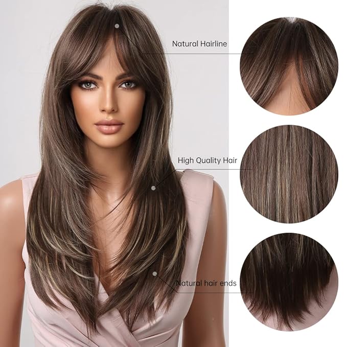 Heat Resistant Synthetic Wigs Long Layered Black Blonde Highlights with Bangs for Women Party Cosplay (Light Brown24)