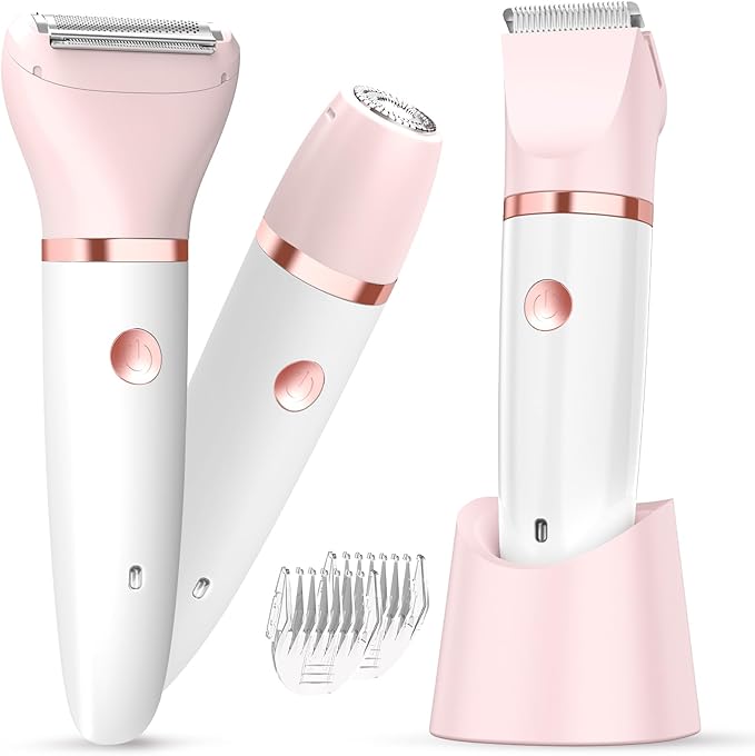 Bikini Trimmer for Women - 3 in 1Electric Razors for Silk Skin Cordless Pubic Hair Trimmer Replaceable Lady Shavers Kit Bikini Shaver for Legs Body Hair IPX7 Waterproof White