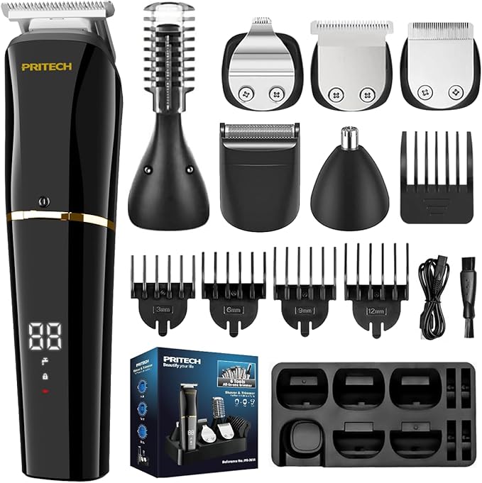 PRITECH Beard Trimmer for Men6 in 1 Hair Clippers Kit Precision Cordless Grooming Kit Waterproof IPX6 for Beard Hair Body Nose Ear with Foil Razor (Black)