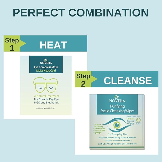 NOVEHA Eyelid &amp Lash Wipes | For Itchy Dry Eyes Styes &amp Blepharitis | lid and lash Cleansing Wipes Hypoallergenic &amp Soothing For Sensitive Eyes Pack of 60