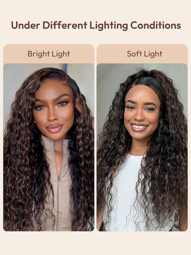 Nadula Golden Brown Highlight Water Wave Bye Bye Knots Glueless Wig Pre Cut 7X5 Invisible Knots HD Lace Front Wigs Human Hair Pre Plucked Wet and Wavy Ready to Go Wig 150% Density 16inch