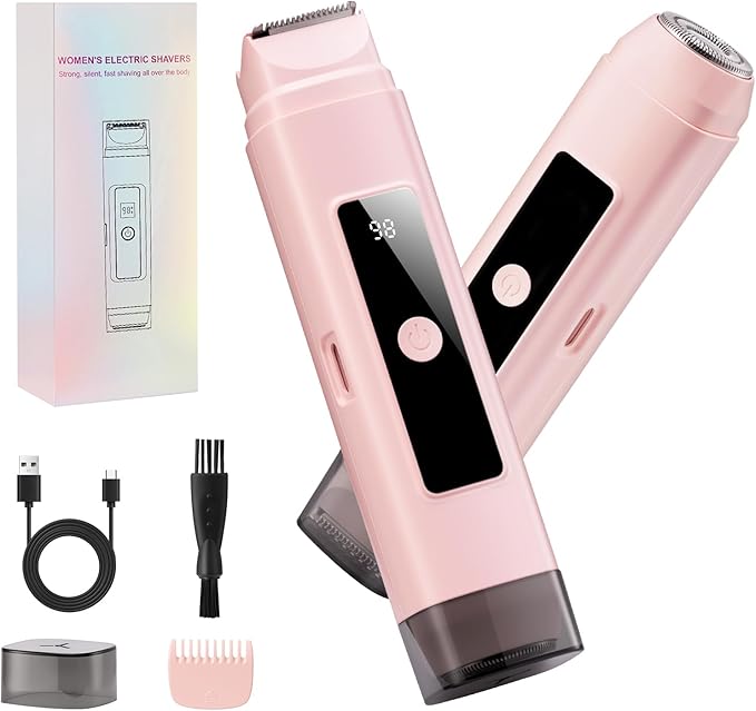 Bikini Trimmer for Women: 2-in-1 Electric Shaver with Digital DisplayIPX7 Waterproof &amp Easy Cleaning&amp Travel Lock - Dual Head Trimmer for Underarms Legs Face (Pink)