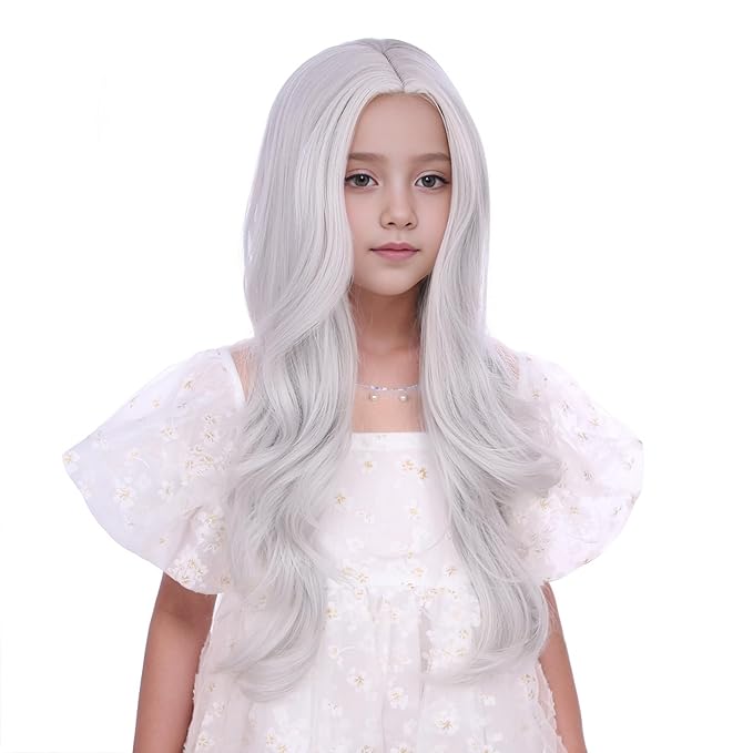 Sliver Gray Wig for Girls Child Long Slive Grey Wavy Curly Wig Kids Long Middle Part Wigs Heat Resistant Synthetic Wigs with Cap