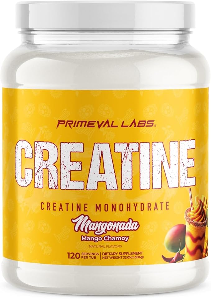 Primeval Labs Clean Creatine Monohydrate Powder | Flavored Powder for Muscle Strength &amp Recovery | Latin Aqua Fresca Flavors | Workout Supplement for Men &amp Women | 120 Servings | Mangonada