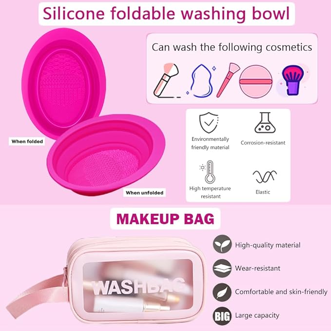 33PCS Makeup Foundation Brushes Tool Set with Sponges Eyelash Curlers Powder Puffs Silicone Washing Bowls Eye Aids Nano Spray Bottles Exfoliating Face Brushes Eyebrow Trimming Storage Bag