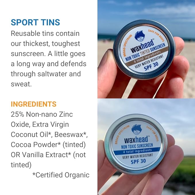 Waxhead Travel Size Sunscreen Sampler Box - Non-Nano Zinc Oxide Coral Reef Safe Biodegradable Sunblock SPF 30. Zinc Lip Balm Solid Mini Paste Tins (.5oz) Tinted Baby + Everyday (1oz) in Canvas Bag