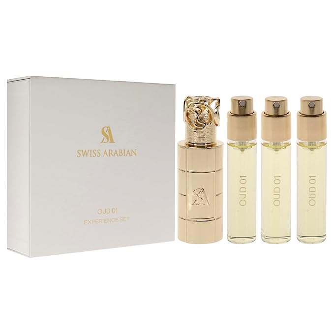Swiss Arabian Oud 01 Giftset - Arabian Perfumes for Women and Men - Long Lasting Perfume - Floral Spicy Amber Perfume - 3 Bottles with Case - 4 pc