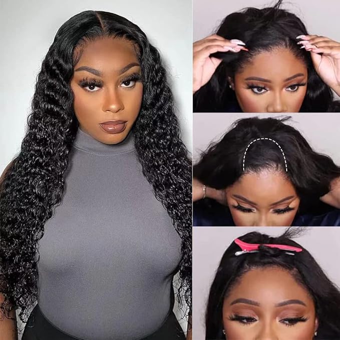 U Part Wigs Human Hair for Black Women Deep Wave Human Hair Brazilian Hair Full Head Clip in Half Wig V Part Glueless Wigs Human Hair Pre Plucked U Shape Wigs (Natural Black 18 inch)
