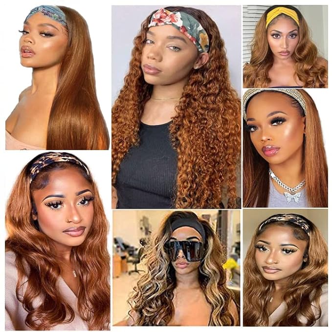 34 Inch #30 Brown Headband Wig Human Hair Straight Light Brown None Lace Front Wig 150% Density Grade 8A Unprocessed Brazilian Virgin Hair Machine Made Wig