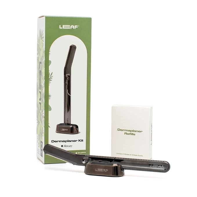 Leaf Shave | Leaf Dermaplaner Kit All-Metal Reusable Dermaplane Razor and Exfoliating Tool for Women Includes Matching Stand and 10-Pack of Refills - Mercury