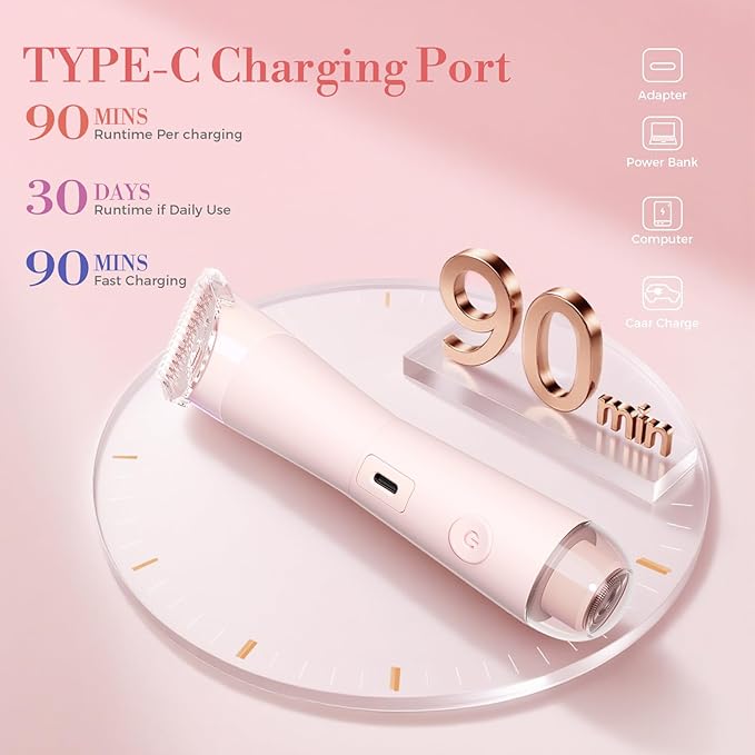 Bikini Trimmer for Women 2 in 1 Electric Shaver for Women Pubic Hair Trimmer Waterproof IPX7 with LED Bikini Razor for Leg Arm Underarm Bikini Area Pull Bows Gift Box for Friends (Rose Pink)