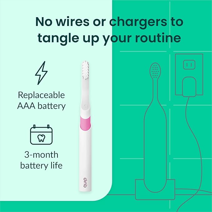 Quip Sonic Toothbrush for Adults with Timer - Includes Extra Brush Head and Travel Cover Mount - Electric Soft Bristle Refill Head Plastic Handle 3 Month Battery Life - Travel Toothbrush - Magenta