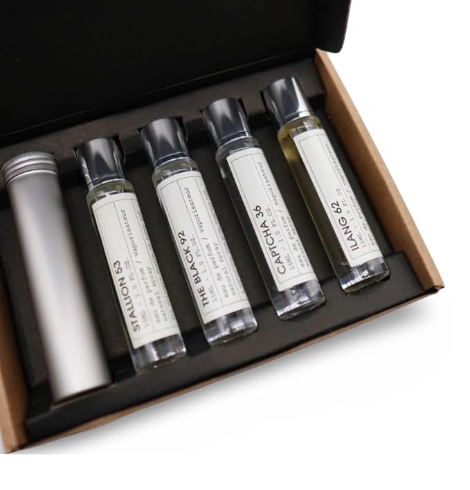 Stallion 53 Travel Perfume for Women &amp Men - 4 Different Fragrances Stallion 53 Ilang 62 The Black 92 and Captcha 36 with Travel Atomizer 60 ml Total (4 x 15 ml)