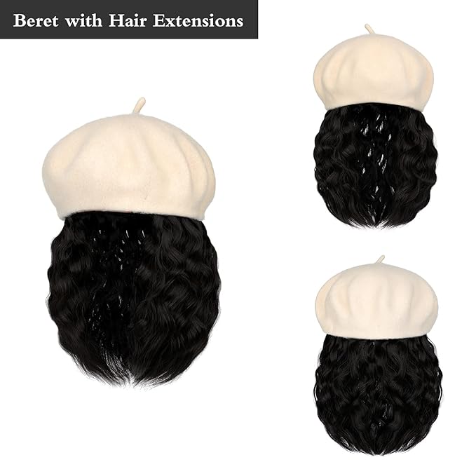 AynnQueen Beret with Hair Extensions for Women Hat with Kinky Curly Synthetic Wig Attached 8 inch Long Curly Hair Apricot Beret (Dark Black)