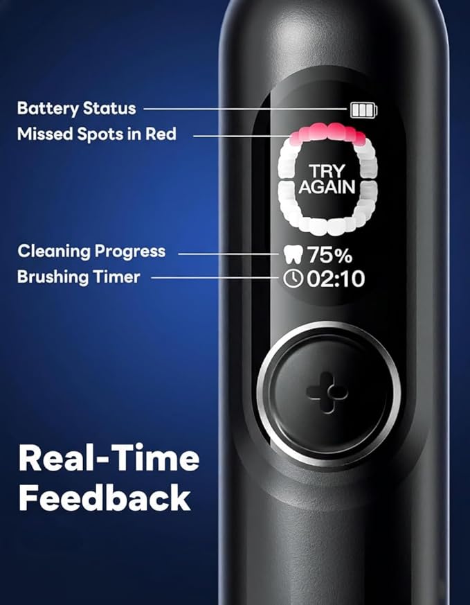 AI Electric Toothbrush with Smart Display for Adults Kids | 150-Day Rechargeable Toothbrush Real-Time Map |3-Min Timer Travel Case | Teens Sonic Toothbrush Gift (G5S Black)