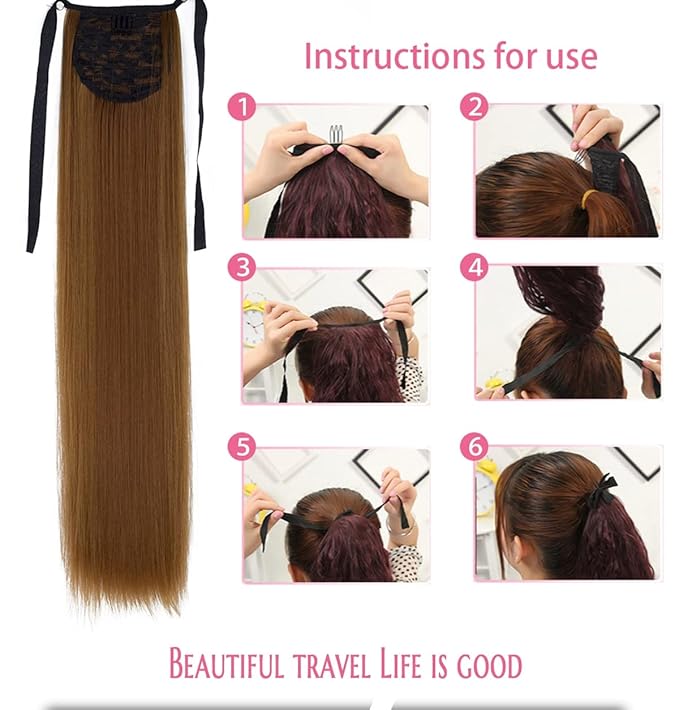 EARSHOT Hair Buns Hair Piece 22/34 Inch Ponytail Extension Straight Hair Wig Bow Hair Band Synthetic Ponytail Women Extra Long Hair Extensions Hair Accessories For Girls (Color : 02 Size : 34inches)
