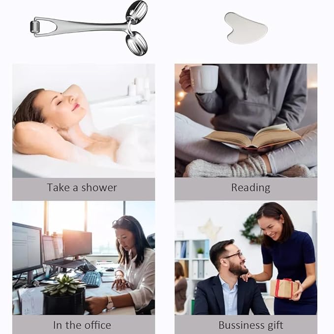 Yeamon Gua Sha Facial Tools and Face Roller Set Facial Massage Tool for Women?™s Skincare RoutineCooling Stainless Steel Face Sculpting Eyes Roller Guasha for Daily Use or Self-Care Gift for Women