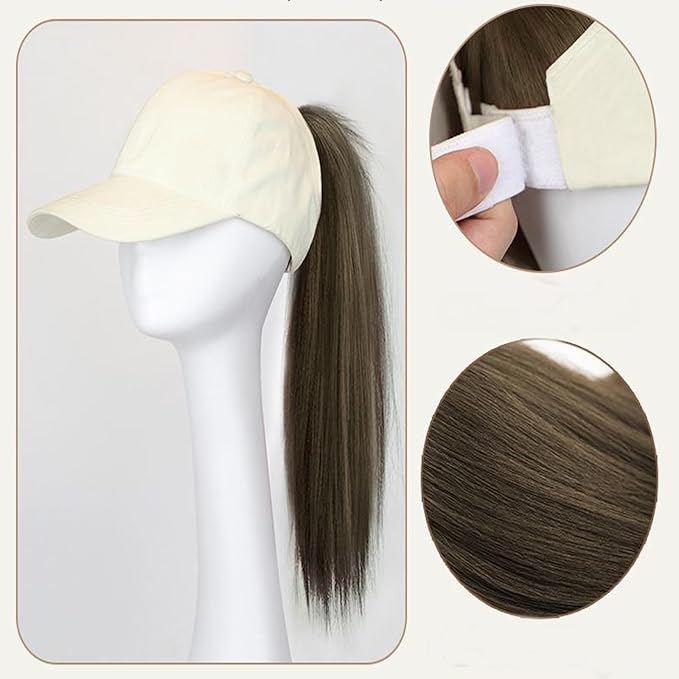 Women's Baseball Cap Wig with Straight Hair High Ponytail - Beige Hat - Brown Black