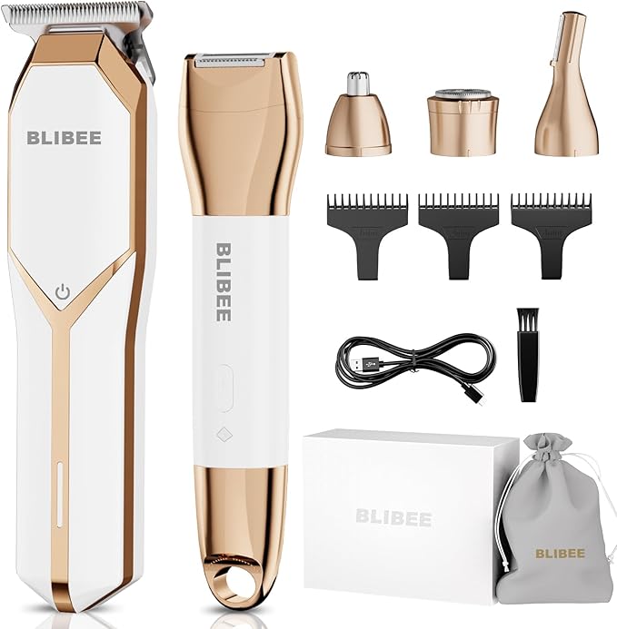 Bikini Trimmer &amp Hair Clippers for Women - Waterproof Electric Razor and 4 in 1 Bikini Shaver Set Deluxe Hair Trimmer Wet/Dry Body Shaver for Nose Eyebrows Beard Pubic Hair White