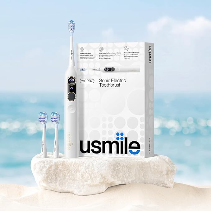 usmile Y10 PRO Rechargeable Electric Toothbrush with Smart Display Missed Spot Detection Pressure Sensor 180-Day Battery Life IPX8 Waterproof Travel-Friendly with 2 Brush Heads