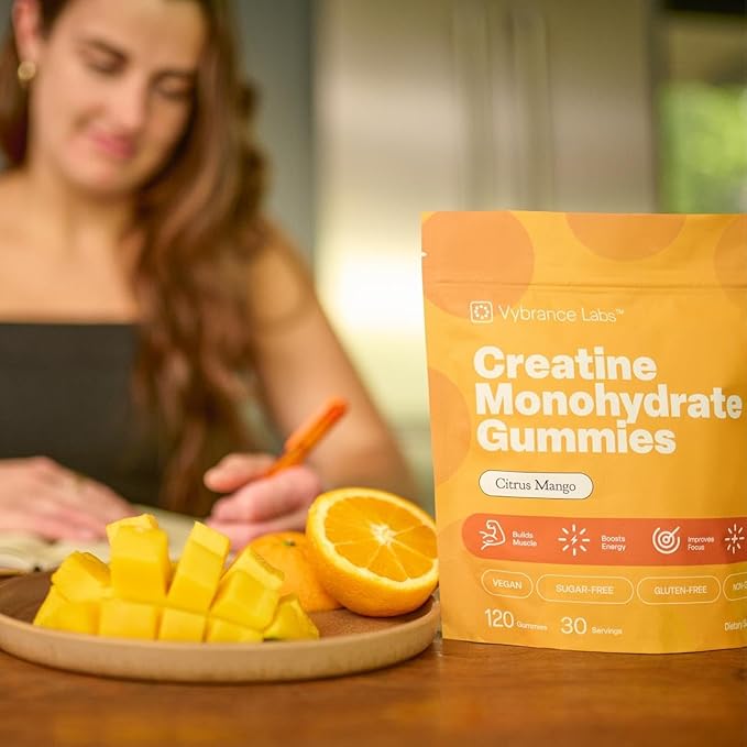 Creapure Creatine Gummies 5g + Taurine &amp B12 - Sugar-Free Vegan Gluten-Free - Citrus Mango - 120 Count (30 Servings) for Strength Energy &amp Focus