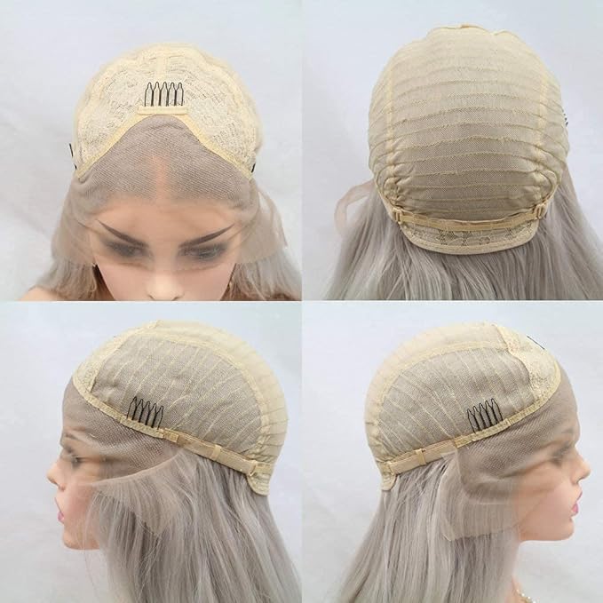 xiweiya Long Silver Platinum Blonde Lace Front Wigs with White Tips Ash Blonde Natural Wavy Mixed Silver Grey Ombre Synthetic Lace Wig Heat Resistant Fiber Wigs Middle Parting Wig for Women 22inch