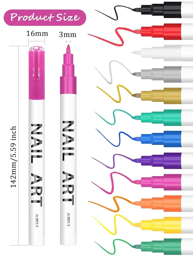 12 Color 3D Nail Art Pens Set Kalolary Nail Pens Nail Point Graffiti Dotting Pen Drawing Painting Liner Brush for DIY Nail Art Beauty Adorn Manicure Tools