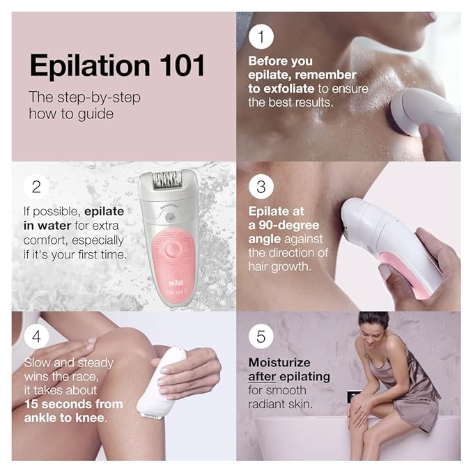Braun SE5-895 Epilator Hair Removal Device Epilator for Women Includes Shaver and Facial Cleansing Exfoliator Brush Attachments Waterproof Cordless and Rechargeable