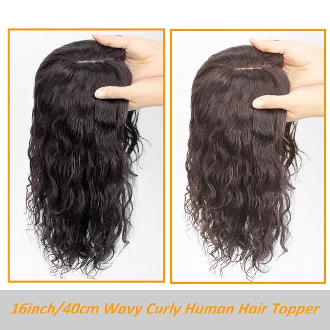 10 Women Natural Wavy Human Hair Toppers Middle Part Silktop 13x14cm Seamless Hairpiece Toupee Simulated Short Curly Clip in Top Hair Pieces Topper Hairpiece for Thinning Hair Brown