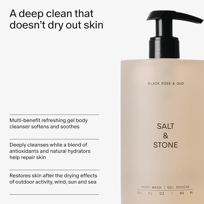 Salt &amp Stone Body Wash with Antioxidants for Deep Moisture | For Women &amp Men Sulfate Paraben &amp Dye Free Leaving Skin Soft and Hydrated | Black Rose &amp Oud 32 fl oz
