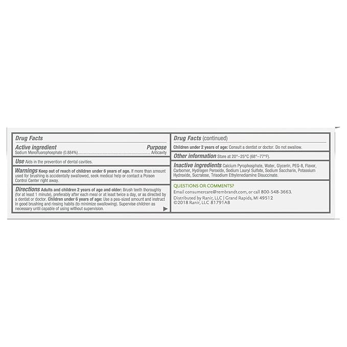 Rembrandt Deeply White + Peroxide Whitening Toothpaste Fresh Mint Flavor 2.6 Ounce (Pack of 2)