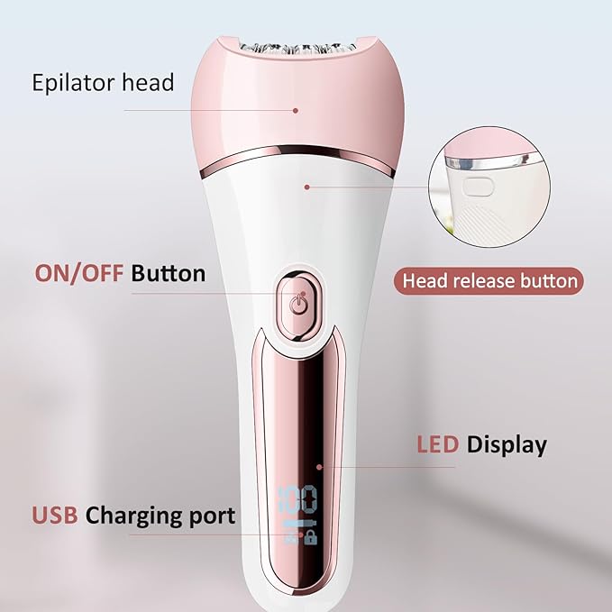 Epilator for Women 6 in 1 Hair Removal Epilator Shaver Face Razor Facial Brush Face Massage and Body ExfoliatorIPX7 Waterproof Rechargeable Hair Removal for Women (Pink)