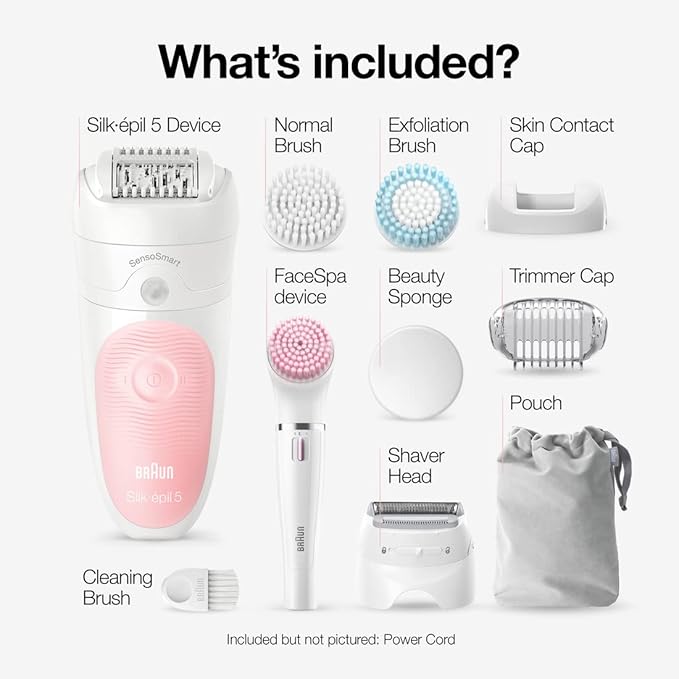 Braun SE5-895 Epilator Hair Removal Device Epilator for Women Includes Shaver and Facial Cleansing Exfoliator Brush Attachments Waterproof Cordless and Rechargeable