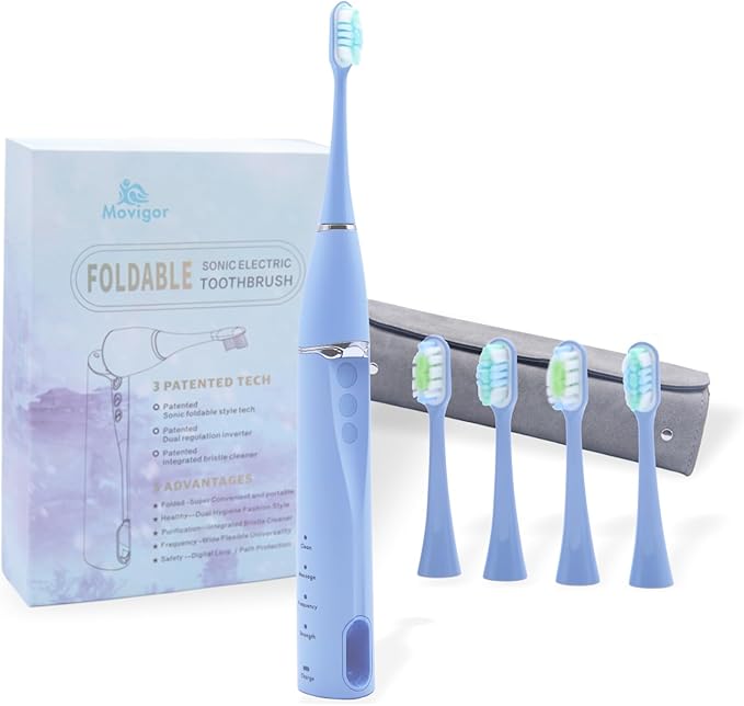 Foldable Electric Toothbrush for Adults ? Dual UV Sanitization 272 Sonic Modes USB-C Rechargeable 4 Brush Heads Leather Travel Case Portable Blue Toothbrush