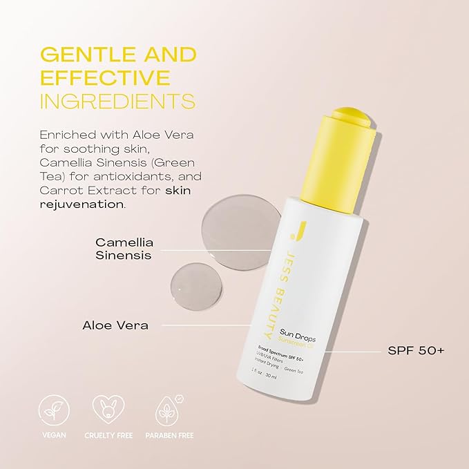 JESS BEAUTY | Face Sunscreen Sun Drops SPF 50 Skin Care Oil with Camellia Sinensis &amp Squalane | Skincare Fast Drying 1 fl. oz