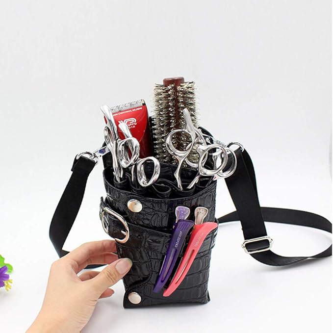 Scissors Pouch PU Leather Salon Barber Hairdressing Scissors Holster Hair Stylist Tools Bag Comb Shear Holster Waist Shoulder Belt (Black2)