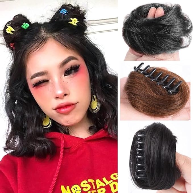 HIHELO 1-Pack Mini Claw Clip Messy Cat Ears Short Synthetic Curly Wavy Bun Extension Wig Claw Clip Women Hair Accessories (Color : 19)