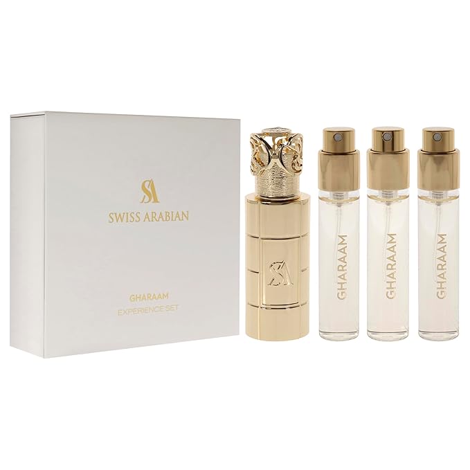 Swiss Arabian Gharaam for Unisex - 4 Pc Mini Gift Set 3 x 10ml Perfume Spray 1 Metal Case