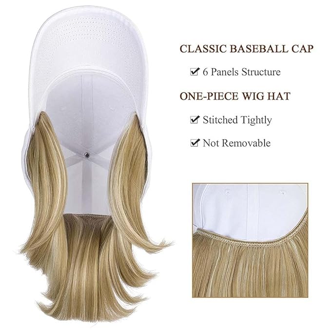 Woman Baseball Cap with Hair Extensions Straight Short Bob Hairstyle Adjustable Wig Hat 14inch Duck Tongue Hat Wig