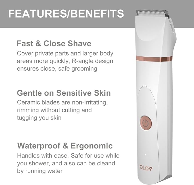 OLOV Electric Body Hair Trimmer - Groin Trimmer for Men - Bikini Trimmer Women - Wet/Dry Shaver Groomer Replaceable Ceramic Blade Heads USB Recharge Dock Waterproof Hygiene Razor White