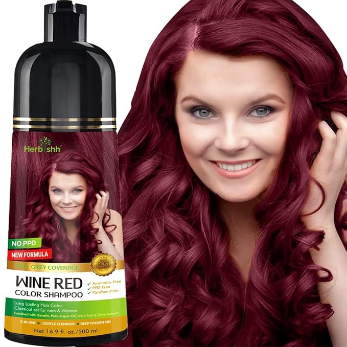 Herbishh Hair Color Shampoo - Magic Dye for Gray Hair Long Lasting Color in Minutes 3-In-1 Ammonia-Free 500 Ml (Wine Red)